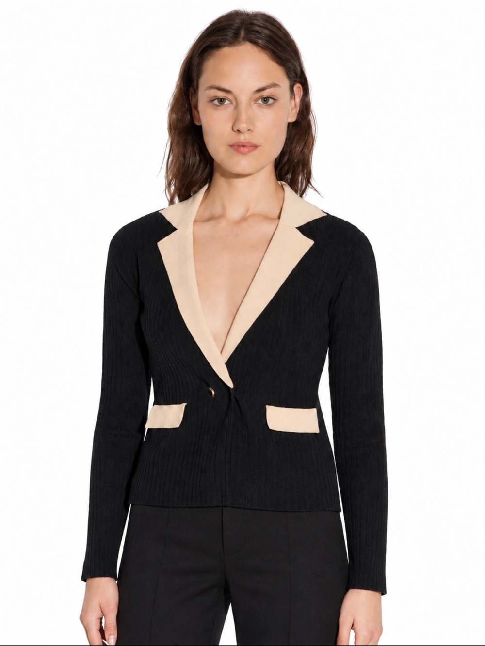 Sandro Paris Barney Contrast Trim Ribbed Cardigan FR 40 Or US Size 8 EUC!
